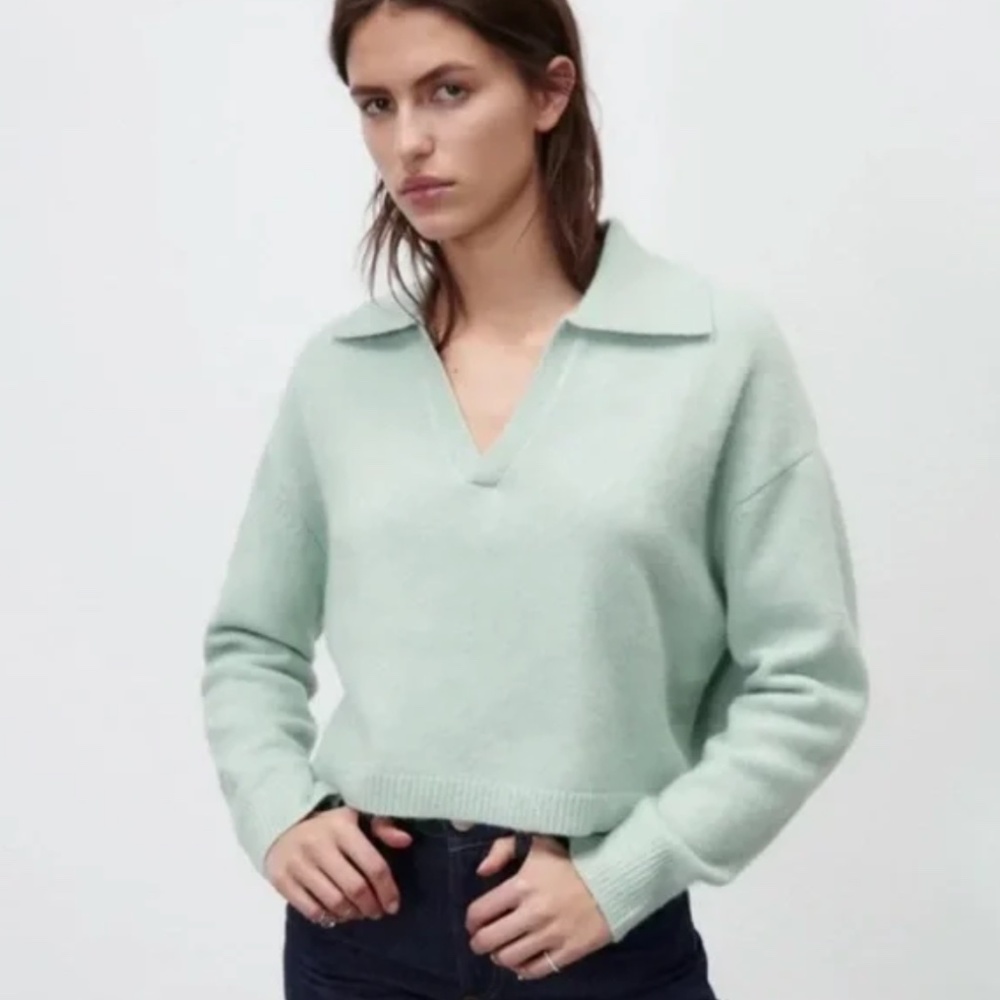 Zara Cropped Polo Collar Knit Sweater (Light Blue)